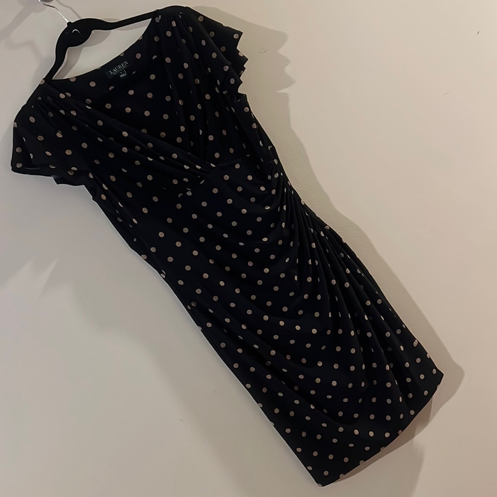 Ralph Lauren black w/tan polka dots faux wrap dress sz 12